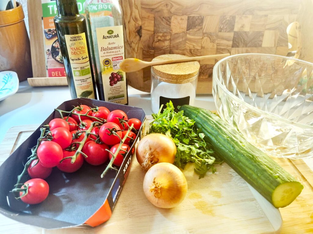 tomato, onion, cucumber, parsley, vinegar, olive oil, salad